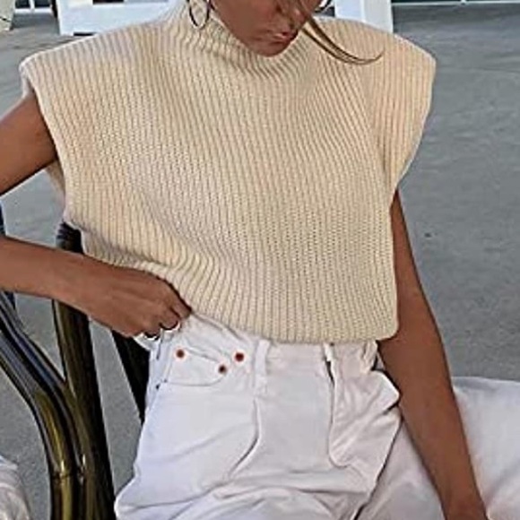 Sleeveless Turtleneck Sweater Vest Shoulder Pad KnittedCasual Solid Pullover - Picture 2 of 6
